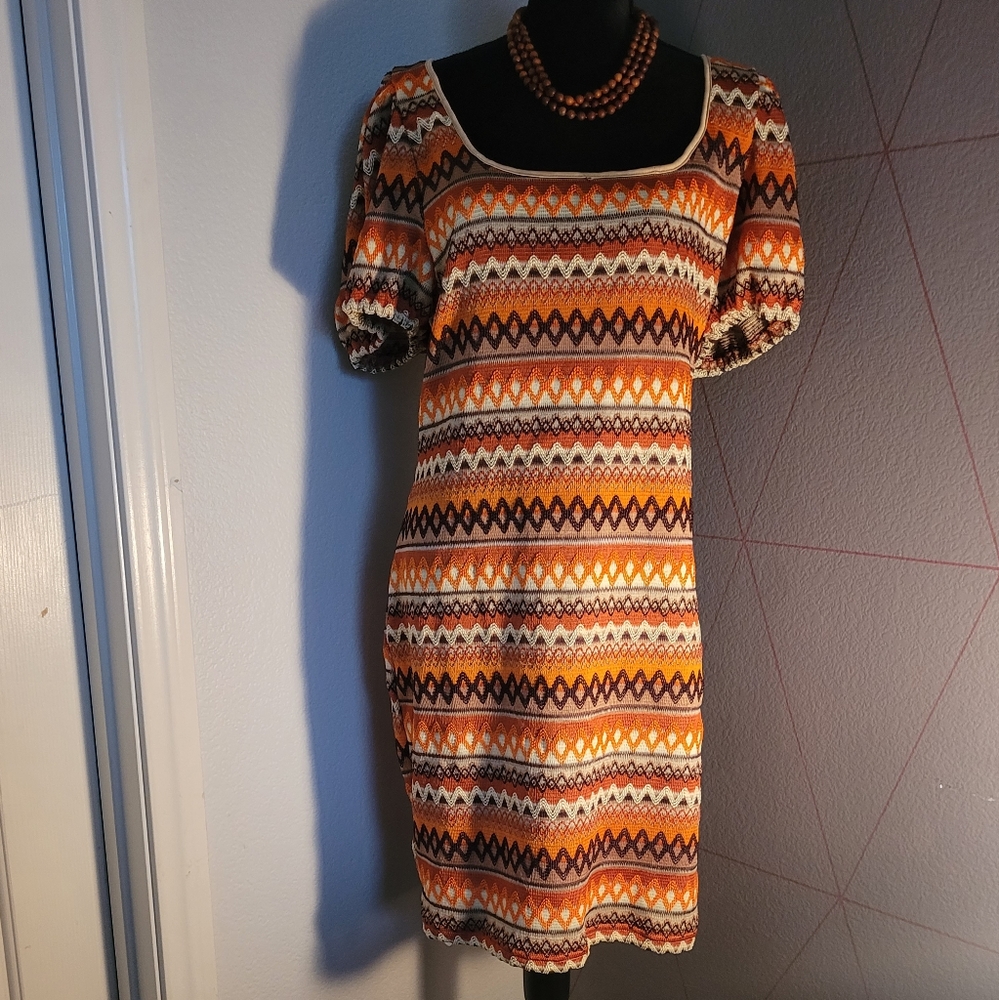 Geometric Print Puff Sleeve Bodycon Dress